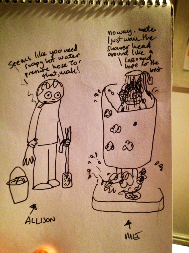 The Shower Scene Cartoon reproduced with permission of the artist, Toni Le Busque.
