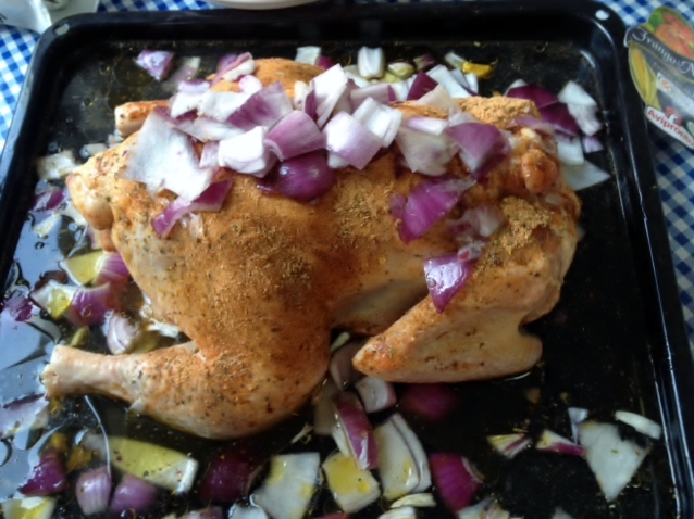 Stuffed good and proper and ready for roasting for our dinner. Apologies to the squeamish, and non meat-eaters among you. The onions are organic. :)