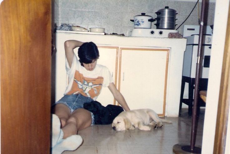 Rubi and Topaz in kitchen 1991 - me on floor