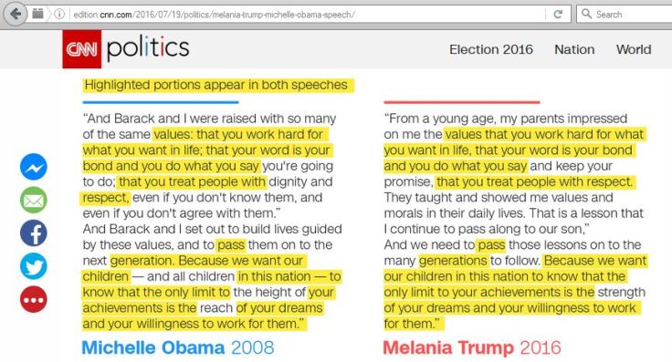Melania Trump and her plagiarism of the speech by Michelle Obama courtesy of CNN online