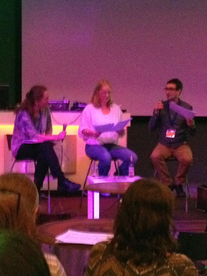 Tim Morris answering a question from moderator Kymm Coveney (left), with Sarah Griffin-Mason (centre) focusing on the texts at hand.